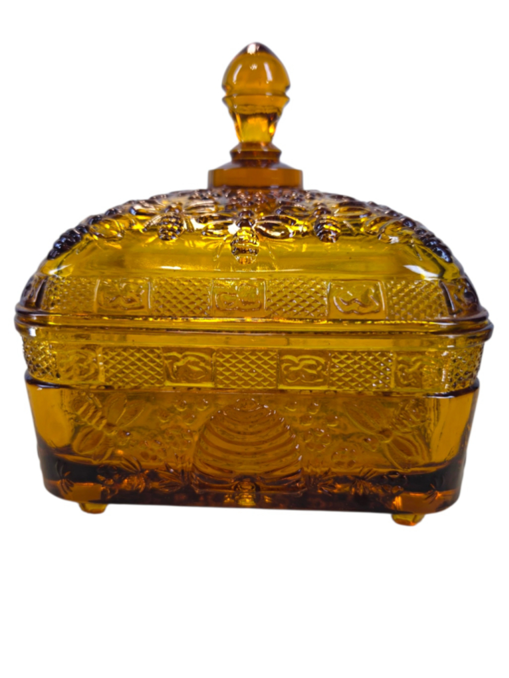 Vintage Tiara Exclusives Indiana Glass Honey Bee Amber Covered Box – 1970s